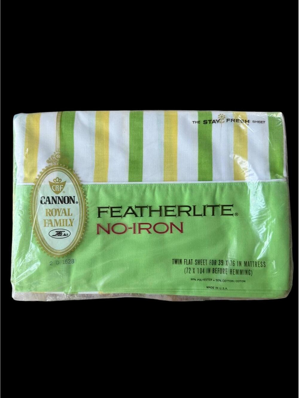 Vintage Cannon Royal Family Featherlite Twin Flat Sheet, Green Yellow Stripes